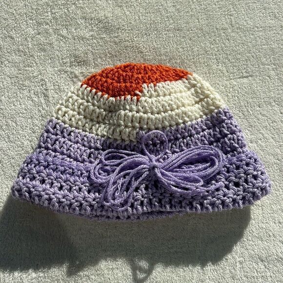 New Handmade crochet purple cream, and orange, cuffed stretchy beanie hat - Picture 2 of 7